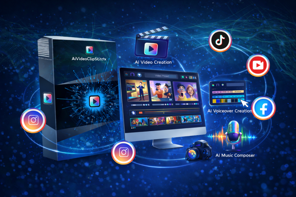 AiVideoStitcherFx features dashboard showing AI video creation, timeline editing, voiceover generation and AI music composer