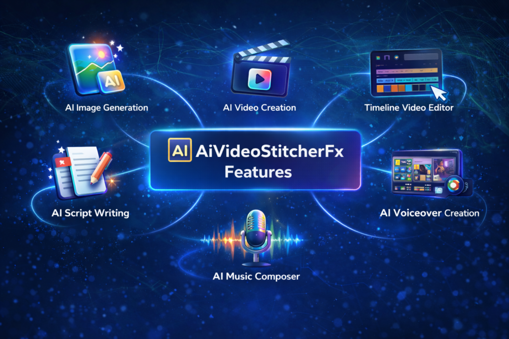 AiVideoStitcherFx features including AI video creation, image generation, timeline editor, voiceover generation and AI music composer
