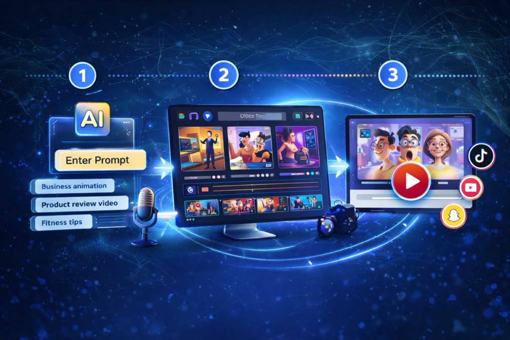 AiVideoStitcherFx workflow showing AI prompt input, timeline video editing, and final video creation for social media