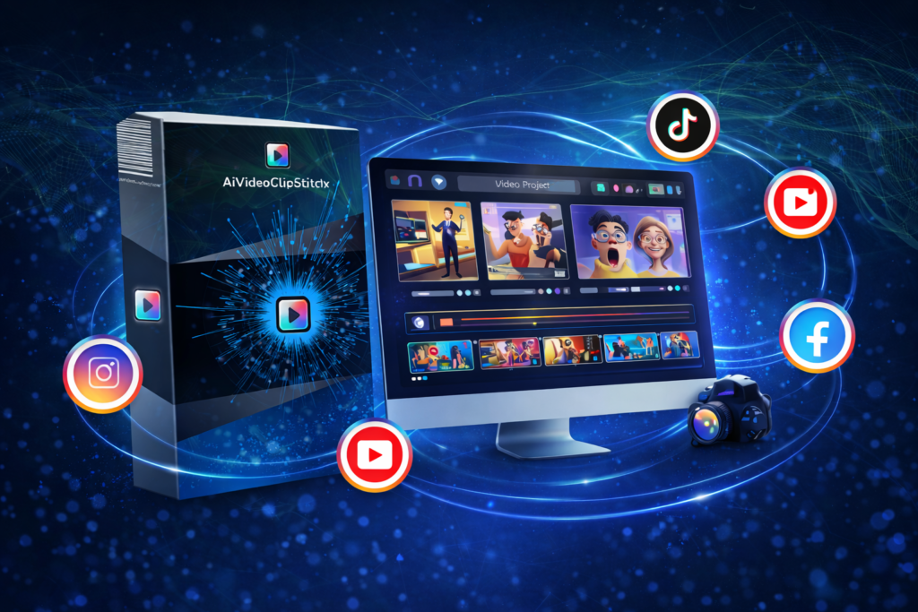 AiVideoStitcherFx official website preview showing AI video editor dashboard and video creation platform