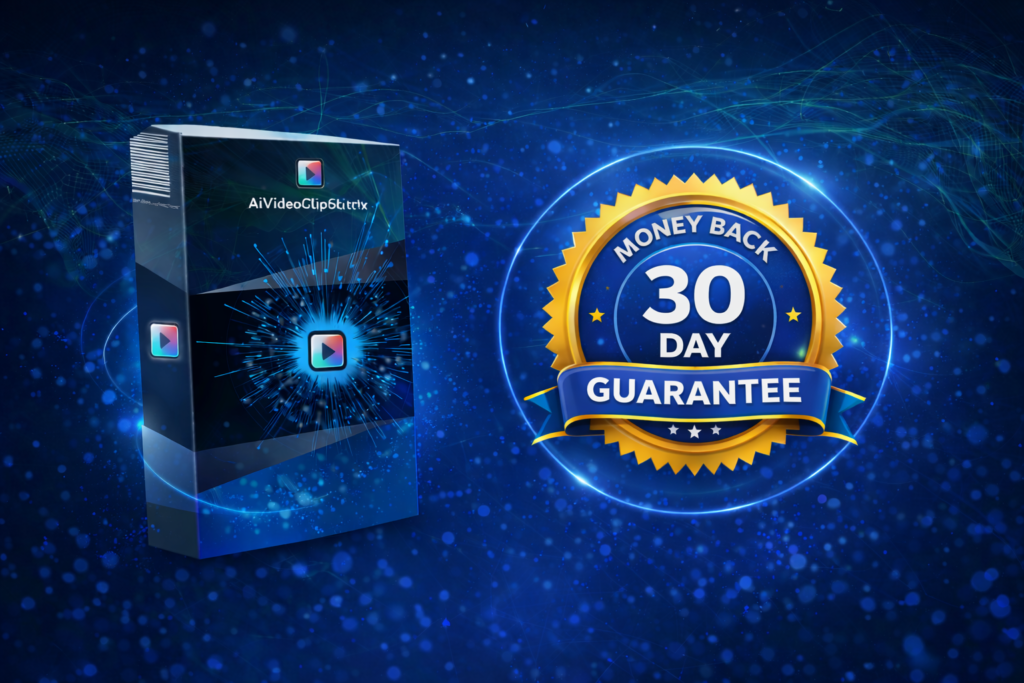 AiVideoStitcherFx AI video editor software box with 30 day money back guarantee badge